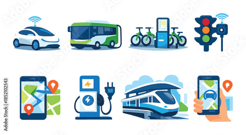 Smart urban mobility solutions: electric cars, bicycles, trains, and apps illustrated