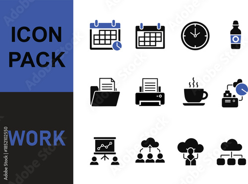 A collection of work-related icons including calendars, a clock, a bottle, a folder, a printer, a coffee cup, a presentation board, and cloud computing symbols.