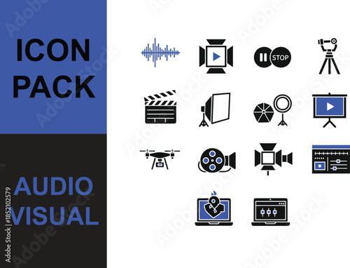Icon Pack for Audio Visual Production and Content Creation, featuring equipment like drones, cameras, and editing software.