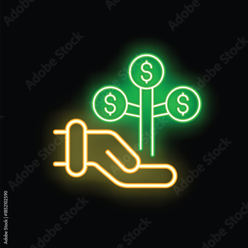 Neon sign representing a businessman holding a growing money tree with dollar coins, a symbol of successful investments and financial growth
