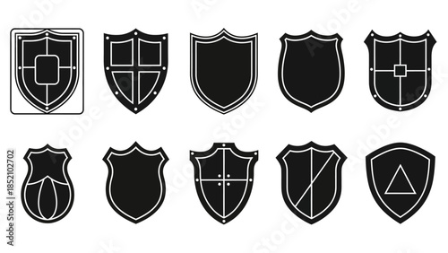 A collection of diverse shield shapes ranging from classic to modern designs displayed in black and white