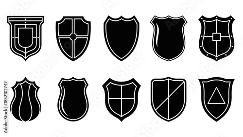 A collection of diverse black shield icons displaying various historical and heraldic designs and shapes