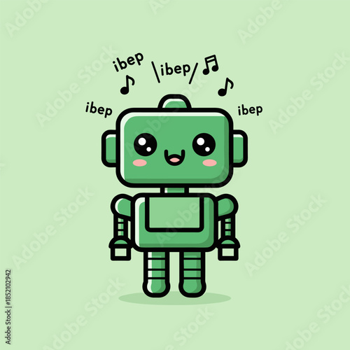 Cute Green Robot Singing IBEP Song with Musical Notes.