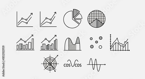 Collection of Hand-Drawn Data Visualization Icons Including Line Graphs, Bar Charts, Pie Charts, Scatter Plot, and Waveforms