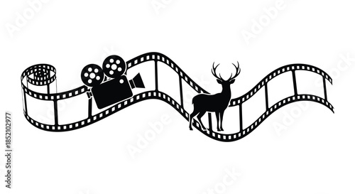 Film strip with reels camera and a deer in a striking black silhouette