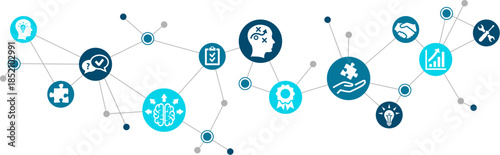 Expert / trainer / specialist vector illustration. Blue concept with icons related to training, consulting or coaching - expert & specialist advice, business support & strategy - improvement & advice.