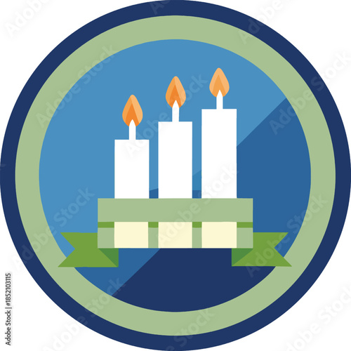Three white candles with orange flames on a green holder isolated on white background