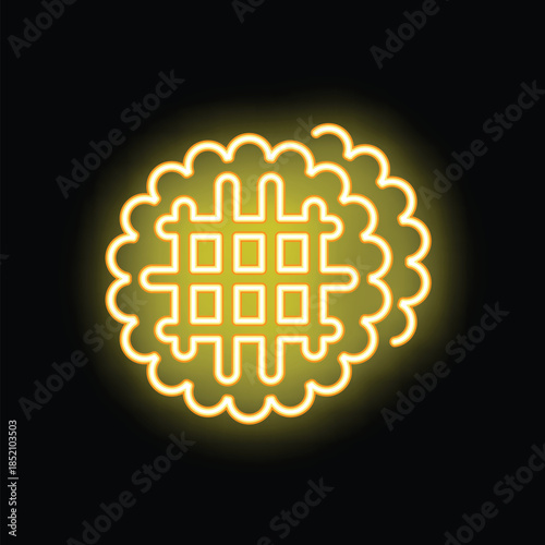 Yellow neon sign of delicious round waffle shining in the dark