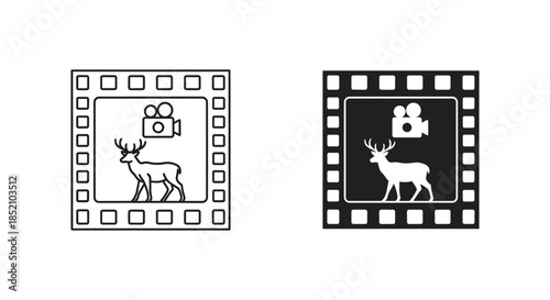 Film strip with deer and camera imagery detailed black and white illustration silhouette