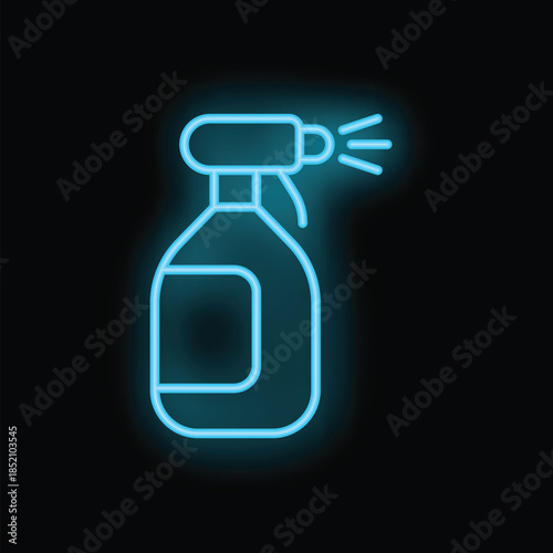 Bright blue neon sign of a spray bottle glowing on a black background