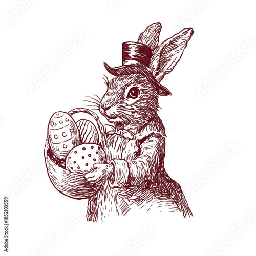 Easter bunny holding decorated eggs Victorian illustration, styled as a 19th century antique engraving with detailed cross-hatching Vector