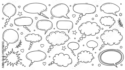A collection of hand drawn speech bubbles thought bubbles and doodle elements scattered across a white background