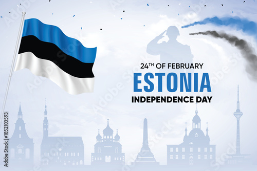 Estonia Flag Waving With Army Soldier and Air Show On Skyline Background. Independence Day Concept Design Vector Illustration.