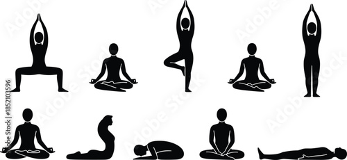 Yoga pose silhouette set, meditation and stretching exercises, wellness balance flexibility mindfulness fitness routine isolated black vector illustration collection body mind health harmony training