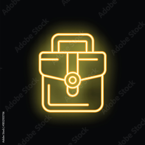 Yellow neon sign depicting a generic satchel, glowing on a black background