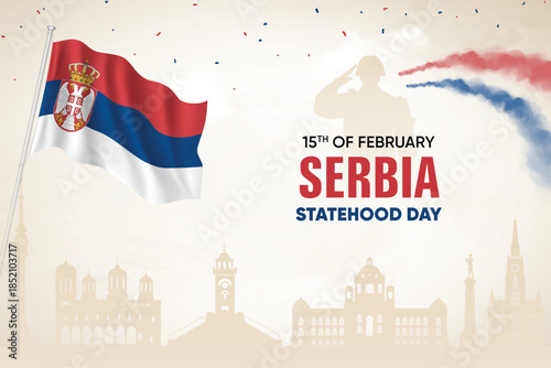 Serbia Flag Waving With Army Soldier and Air Show On Skyline Background. Statehood Day Concept Design Vector Illustration.
