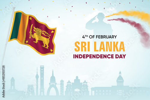 Sri Lanka Flag Waving With Army Soldier and Air Show On Skyline Background. Independence Day Concept Design Vector Illustration.