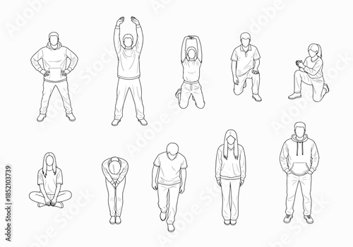 Collection of Diverse People Poses Exercising Stretching and Meditating in Simple Line Art Style