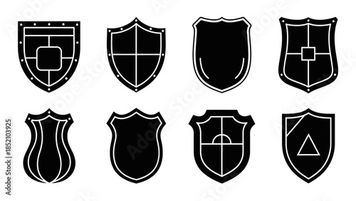 A collection of eight black and white heraldic shields with varying designs and shapes displayed on a white background