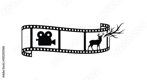 Film strip design featuring a camera and a deer in striking silhouette