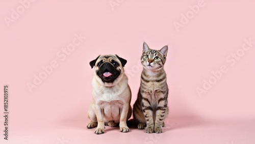 Cute Pug Dog and Tabby Cat Sitting Together Isolated on Pink Background