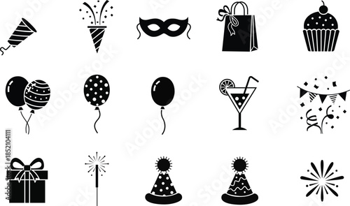 Party decorations and accessories icons set