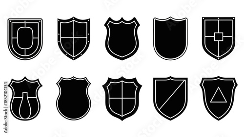 A collection of monochrome shield emblems with diverse shapes and internal designs displayed in a grid arrangement