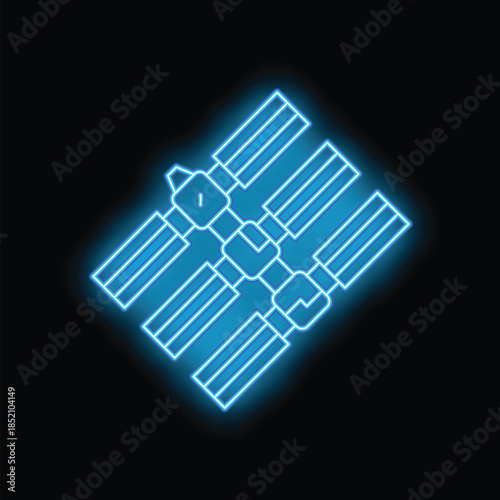 Bright blue neon sign depicting the international space station orbiting earth on a black background