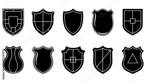 A collection of diverse black and white shield emblems and heraldic designs displayed in a neat arrangement