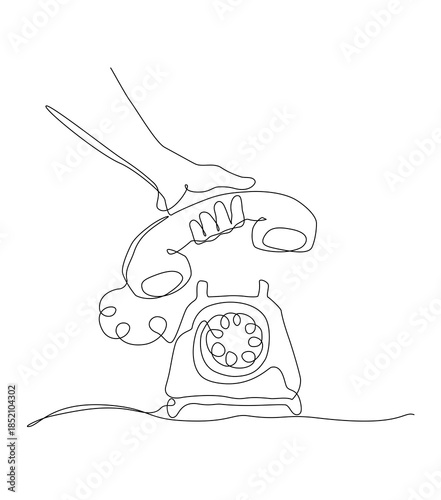 Continuous one line illustration of a hand holding a vintage rotary telephone, symbolizing communication, nostalgia, connection, and classic technology on a clean white background. Editable stroke