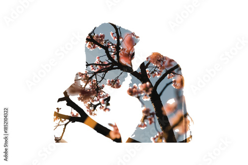 Romantic Couple Silhouette Double Exposure with Tree Branches Love Relationship Concept Isolated on White Background.