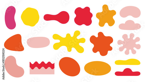 An assortment of vibrant abstract shapes in various colors and forms arranged on a pure white background