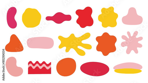An assortment of colorful abstract organic shapes in shades of red pink and yellow