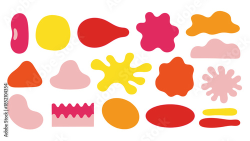 An assortment of vibrant and abstract organic shapes in varying colors and textures displayed on a white background