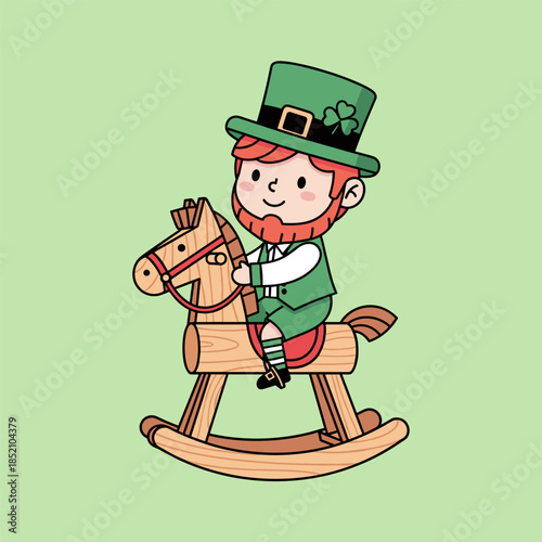 Leprechaun Riding a Wooden Rocking Horse for St. Patricks Day.