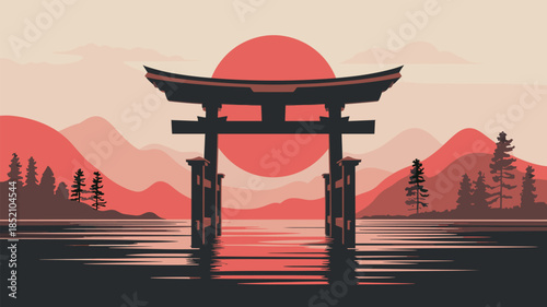 Silhouette of Japanese Torii Gate with Rising Sun