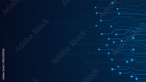 Futuristic digital circuit background with glowing connection lines extending from one side on a dark blue backdrop.