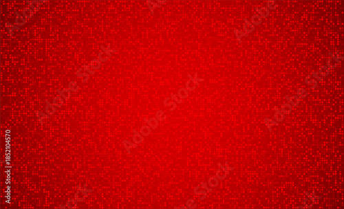 Abstract red digital background made of glowing pixel blocks and scattered data texture.