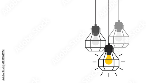 Hanging light bulb illustration with minimal line style, one bulb glowing while others remain dim, representing idea inspiration creativity innovation and problem solving concept on clean background.