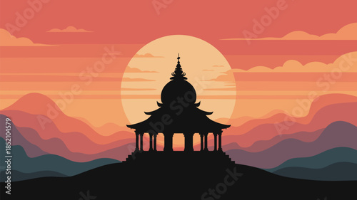 Temple Silhouette Landscape Scenery Against Sunrise Vector