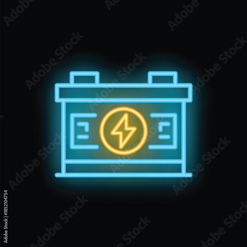 Blue and yellow neon icon of a car battery glowing on a dark background
