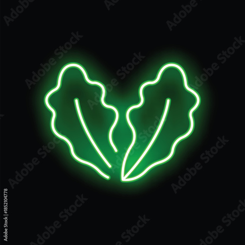 Green neon sign forming a heart shape with two oak leaves, suggesting a concept of love for nature and ecology
