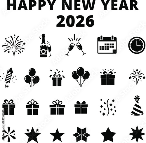 Happy New Year Celebration Silhouette Icons.