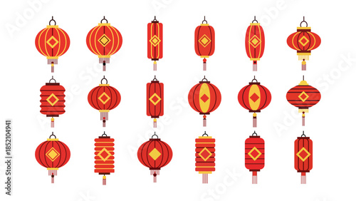 Collection of traditional chinese red lanterns with yellow details
