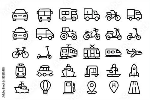 Collection of simple black and white transportation icons on white background camper ambulance