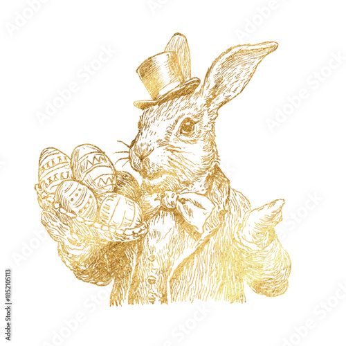 Golden Easter bunny holding decorated eggs Victorian illustration, styled as a 19th century antique engraving with detailed cross-hatching Vector