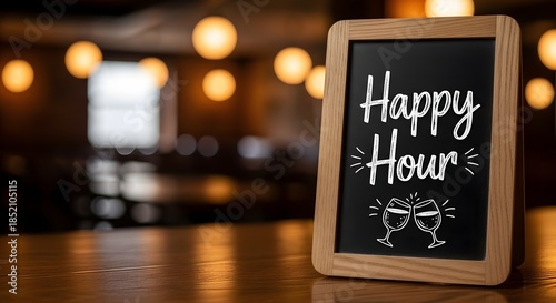 A chalk menu sign displaying happy hour promotions in a warm bar setting for a social evening concept.