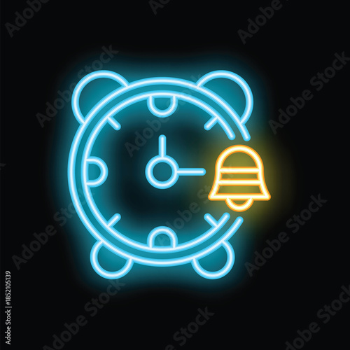 Bright neon icon of an alarm clock ringing, perfect for concepts of time management or waking up