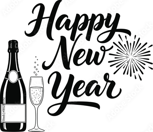 Happy New Year, typography design with wine and fireworks.