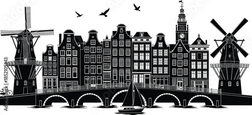European cityscape silhouette, black and white, Dutch architecture, windmills, canal bridge, clock tower, sailboat, birds, bicycle, historic skyline, urban sketch